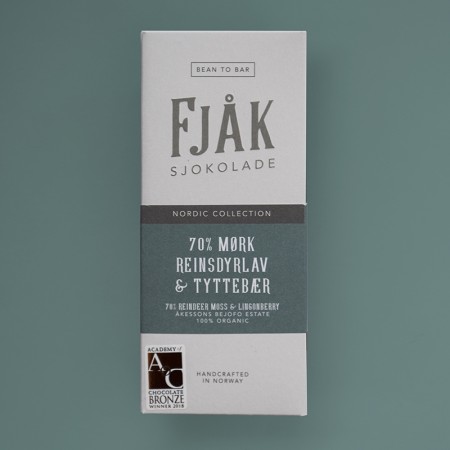 Mørk sjokolade 70% Reinsdyrlav med Tyttebær, Økologisk, Fjåk