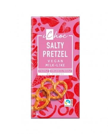 Lys sjokolade med Salty Pretzel, vegansk og  økologisk fra iChoc, 80 g (BF: 03-2024)