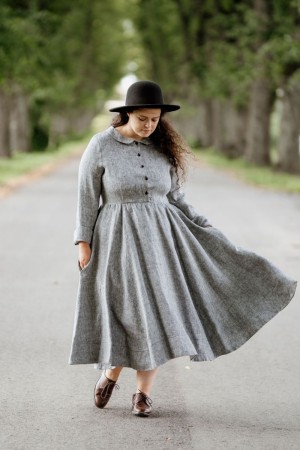 Twill Linen Classic dress, Long sleeve, Grey Moon