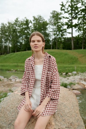 Kay shirt, linskjorte fra Linenfox, Terracotta Gingham