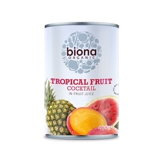 Tropisk frukt i fruktjuice, økologisk fra Biona,  400 g