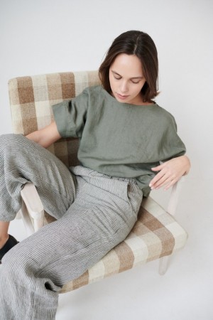 Ocean pants, vid linbukse fra Linenfox -grey stripes (+5 CM, EKSTRA LANGE BEN)