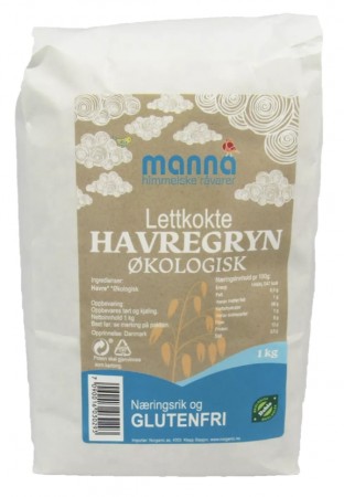 Havregryn, lettkokte, glutenfri, 1 kg, økologisk, Manna 