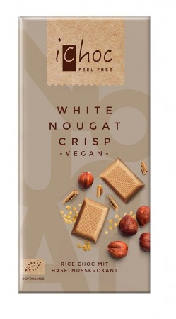 Hvit nougat sjokolade, m/hasselnøttkrisp, økologisk fra iChoc 80g