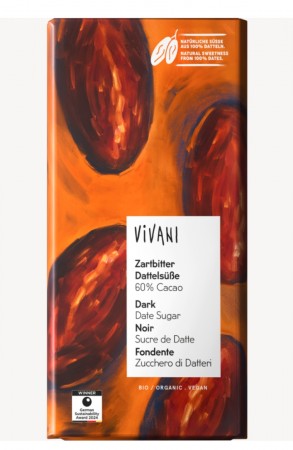 Mørk sjokolade 60% søtet med dadler, økologisk fra Vivani, 80g