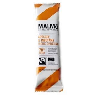 Mini sjokolade med appelsin & ingefær, ØKOLOGISK FRA MALMÖ CHOKLADFABRIK, 25g (BF: 15.11.23))