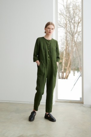 Martin jumpsuit, buksedress fra Linenfox - Forest green (ekstra lange bein)