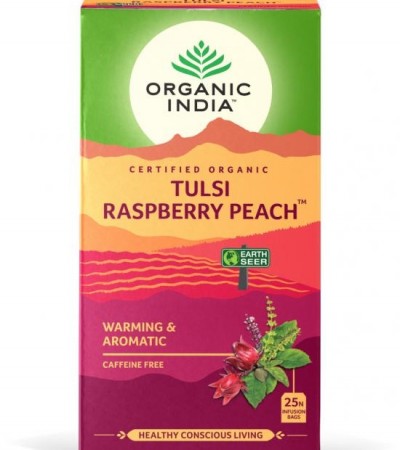 Tulsi bringebær fersken, økologisk te fra Organic India, teposer