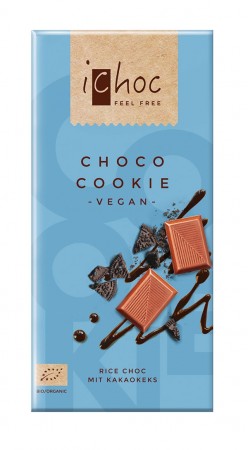 Lys sjokolade m/cookie, økologisk fra iChoc 80g (dato: des 2022)