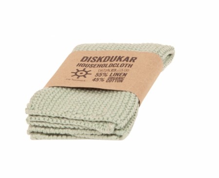 Kjøkkenklut i 'frosty green' laget av 55 % lin og 45 % økologisk bomullsgarn fra Iris Handtverk