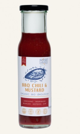 BBQ SAUS MED CHILI OG SENNEP FRA RØMER VEGAN, ØKOLOGISK, 250G (D: 26.04.23)