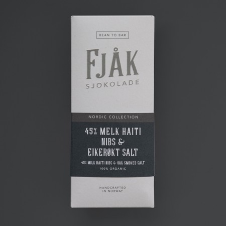 Melkesjokolade med kakaonibs & eikerøkt salt, Økologisk, Fjåk 