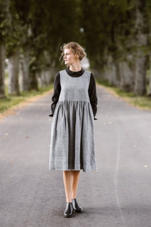 Twill Linen Smock Dress, Sleeveless, Grey Moon