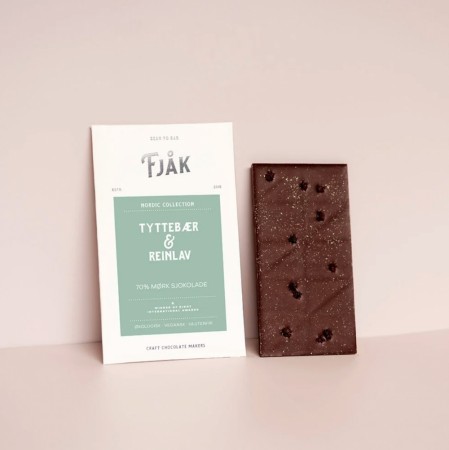 Mørk sjokolade 70% Reinsdyrlav med Tyttebær, Økologisk, Fjåk