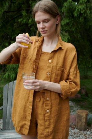 Vika shirt, linskjorte fra Linenfox, Camel/vaffel (1 igjen - str S/M)